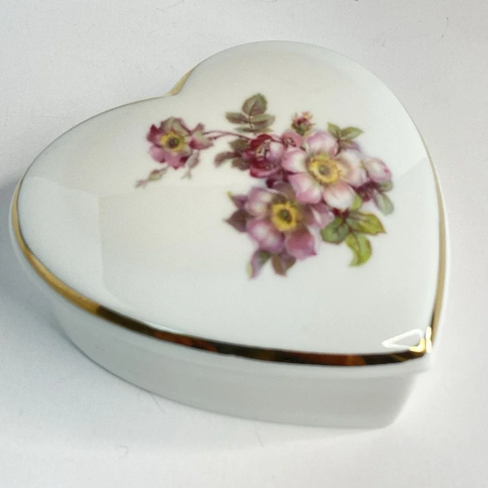 Vintage Heart Trinket Box Pink Flowers West Germany Gerold Porzellan‎